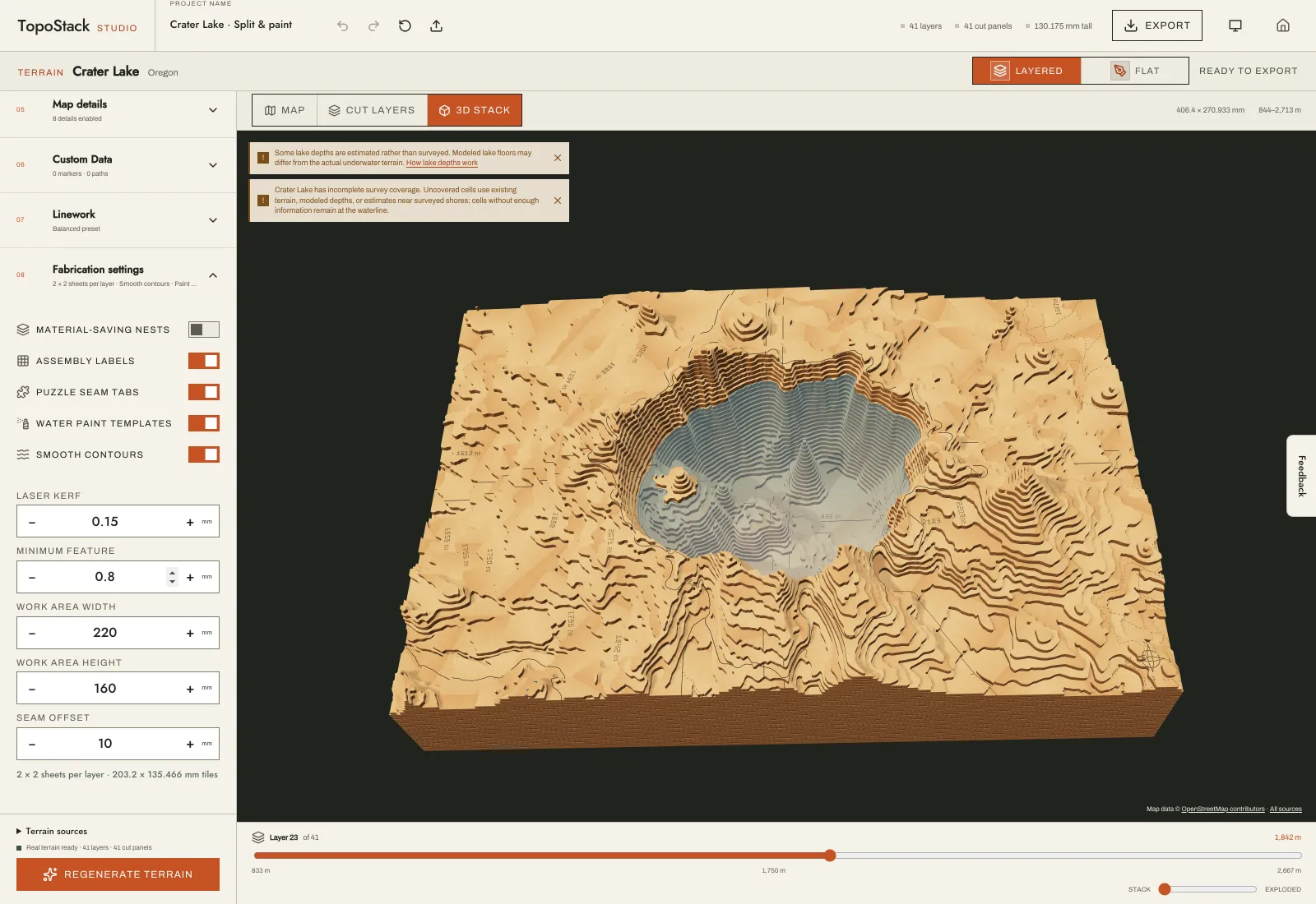 TopoStack studio showing a 406 by 271 mm Crater Lake relief in the 3D stack view, with a 220 by 160 mm work area set in Fabrication settings.