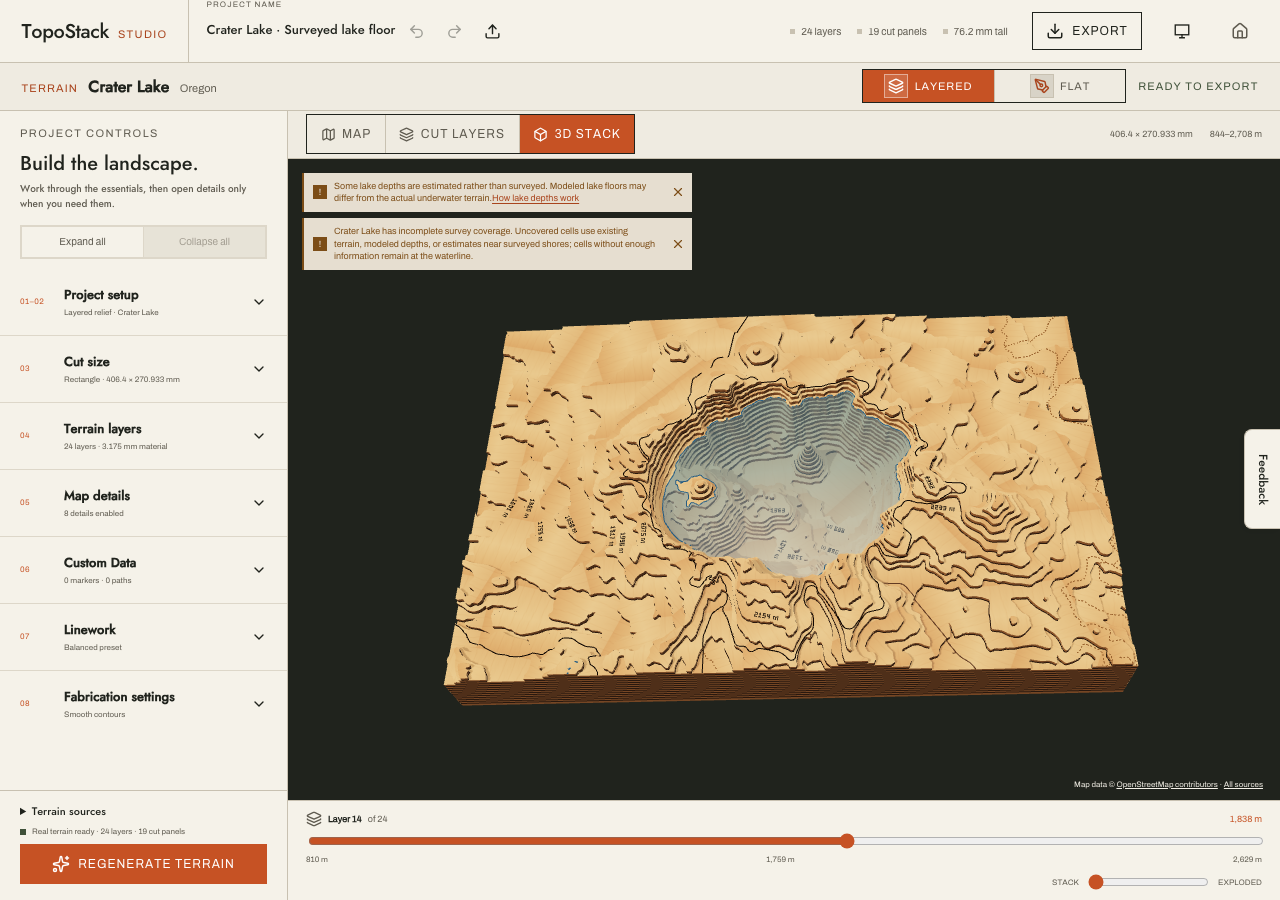 TopoStack studio with freshly generated Crater Lake terrain and USGS surveyed lake-floor relief.